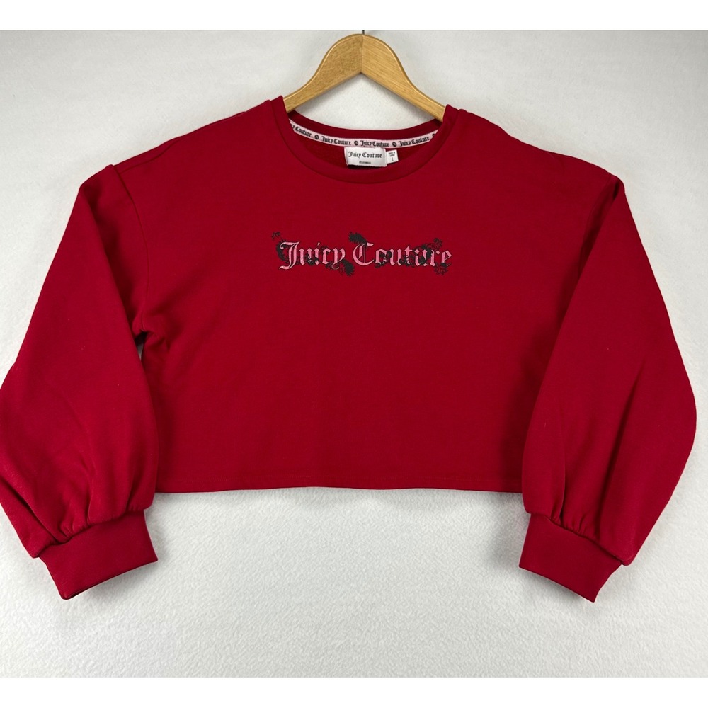 Juicy Couture Red Cropped Sweatshirt Womens Large Gothic Logo Balloon Sleeve